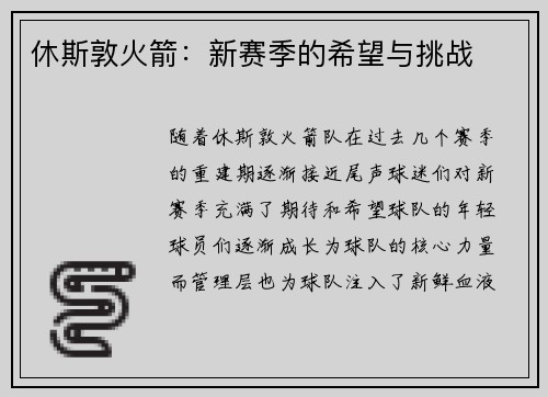 休斯敦火箭：新赛季的希望与挑战